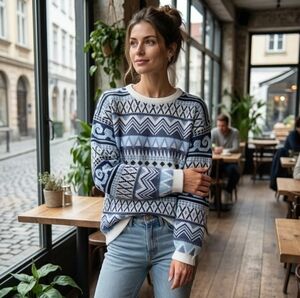 Tradition Sears Women's Vintage Blue Fair Isle Crewneck Knit Sweater Size L